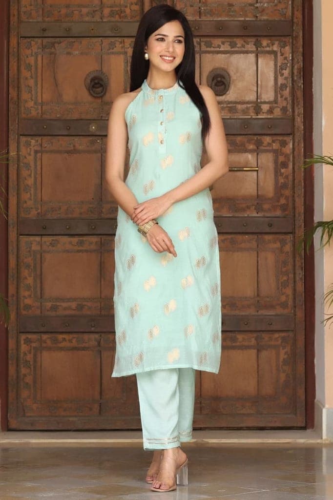 blue-poly-chanderi-woven-kurta-set-vkset12591
