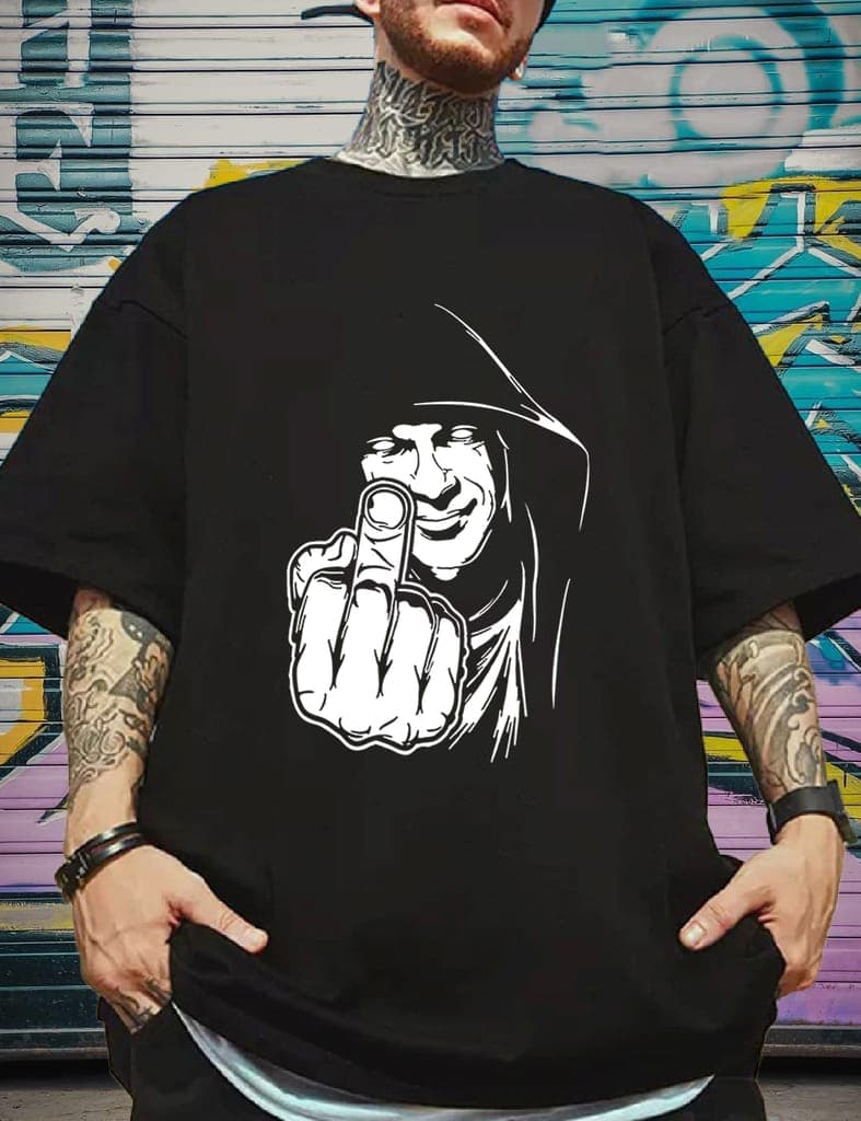 scott-fincher-men's-black-t-shirt-with-a-graphic-of-a-man-giving-the-middle-finger-:-aa(arn)black_1551