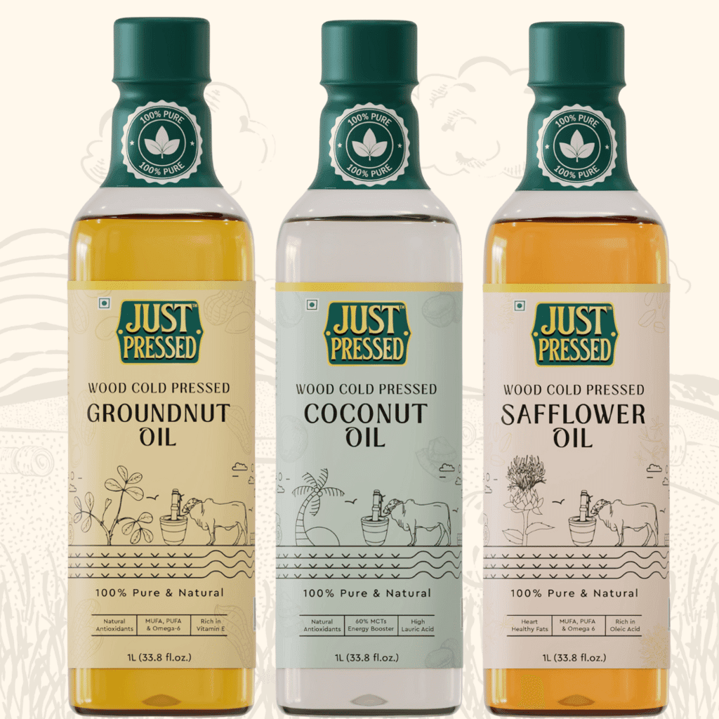 justpressed-combo---groundnut-oil-|-safflower-oil-|-coconut-oil---cold-pressed-wood-pressed---1l-each-combo---kacchi-ghani---chekku1