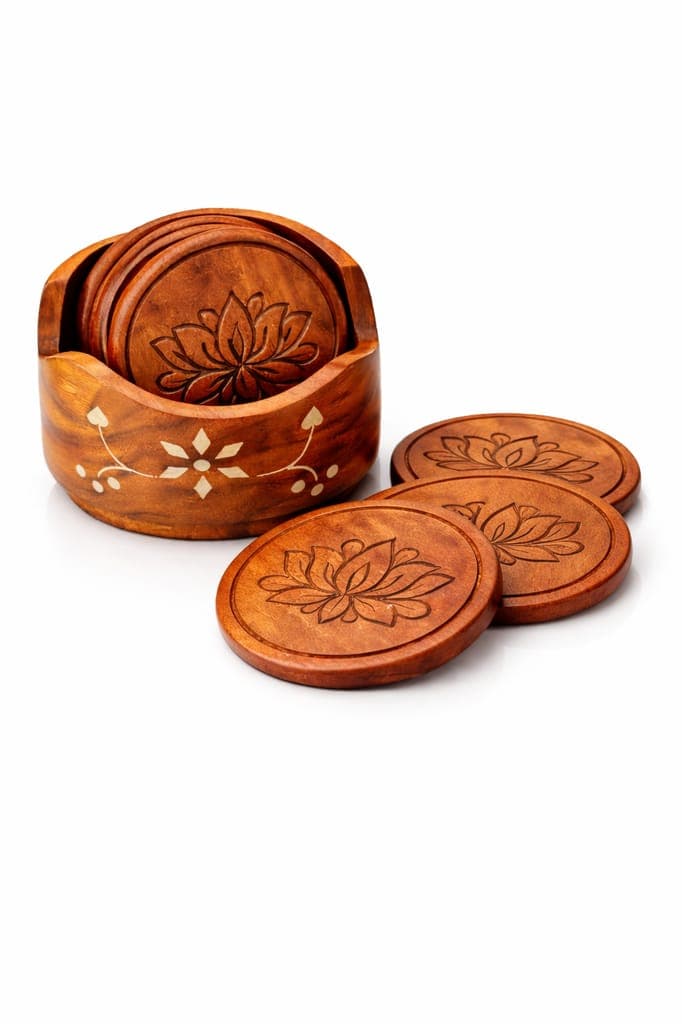 brown-wooden-coaster-set-for-tea,-coffee,-and-drink-with-holder/stand---handmade-cup-coasters--(set-of-6)-3.5-inch-(lotus)1