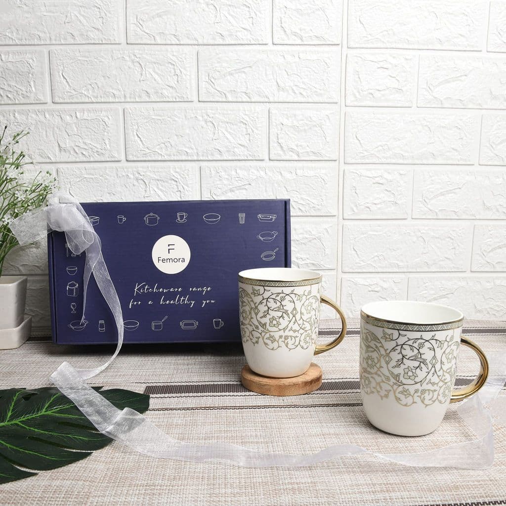 femora-attractive-combo-gift-pack-with-gold-floral-ceramic-coffee-mug-milk-mug,-360-ml,-pack-of-21