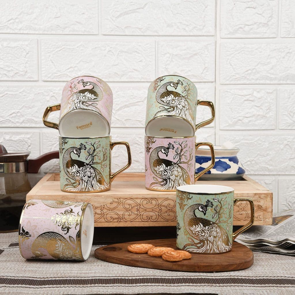femora-pink-&-blue-peacock-pattern-golden-tea-mugs,-ceramic-tea-cups,-coffee-mugs-(180-ml,-golden)---6-pcs-set1
